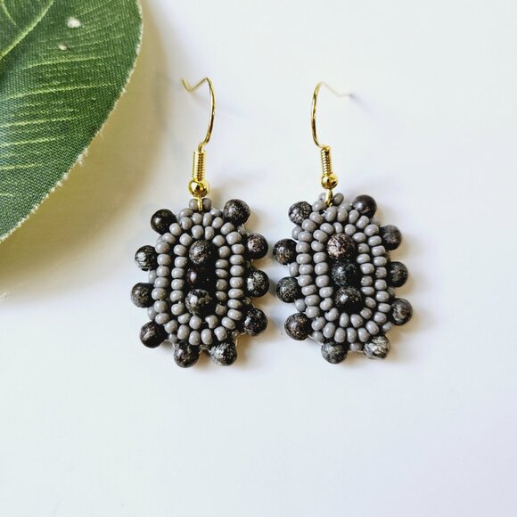 2/$27 | Charcoal Stone Shield Beaded Indigenous Hoop Earrings | Handmade - Picture 4 of 6